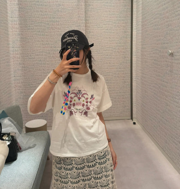 CD Floral Pattern t-shirt White Pink Cotton