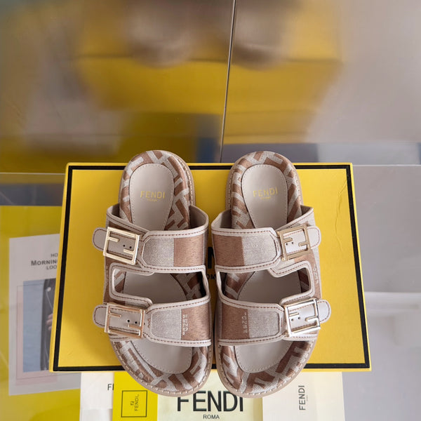 FENDI DAD SANDAL IN WHITE MIX CIDER BROWN MONOGRAM JACQUARD FABRIC