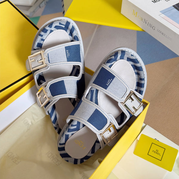FENDI DAD SANDAL IN NAVY BLUE MIX WHITE MONOGRAM JACQUARD FABRIC