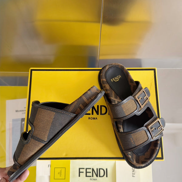 FENDI DAD SANDAL IN MOCHA BROWN MIX BLACK MONOGRAM JACQUARD FABRIC