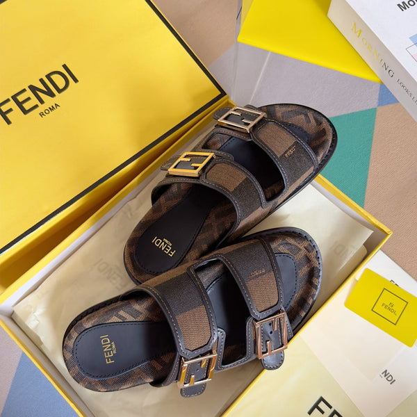 FENDI DAD SANDAL IN MOCHA BROWN MIX BLACK MONOGRAM JACQUARD FABRIC