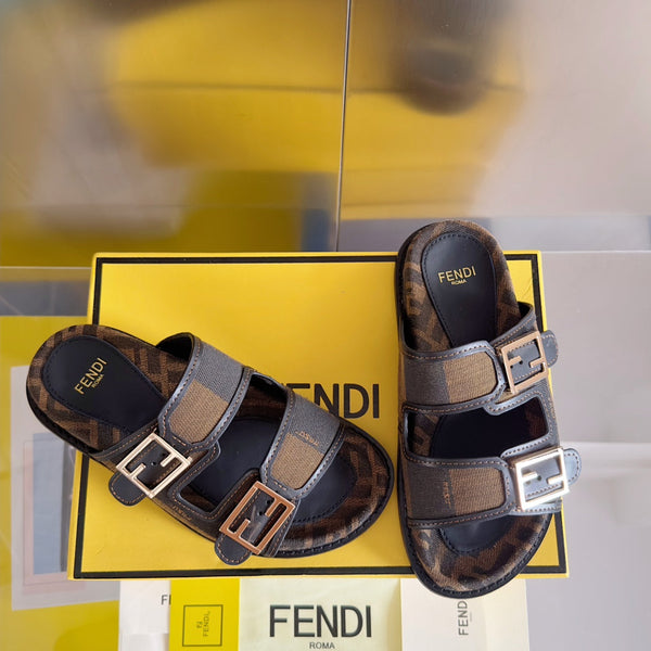 FENDI DAD SANDAL IN MOCHA BROWN MIX BLACK MONOGRAM JACQUARD FABRIC