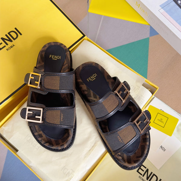 FENDI DAD SANDAL IN MOCHA BROWN MIX BLACK MONOGRAM JACQUARD FABRIC