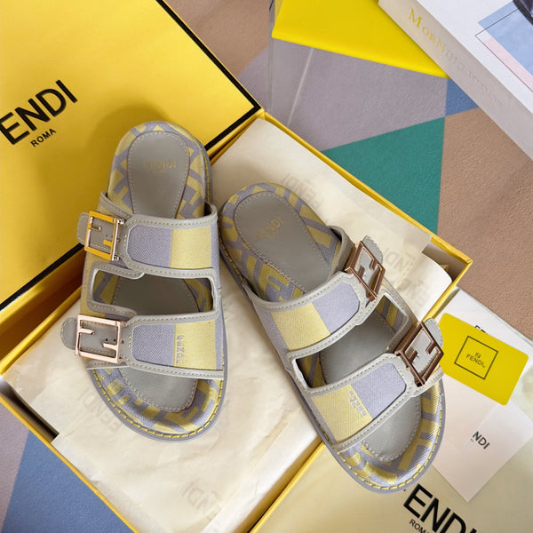 FENDI DAD SANDAL IN YELLOW MIX LIGHT PURPLE CANVAS WITH GOLD HARDWARE
