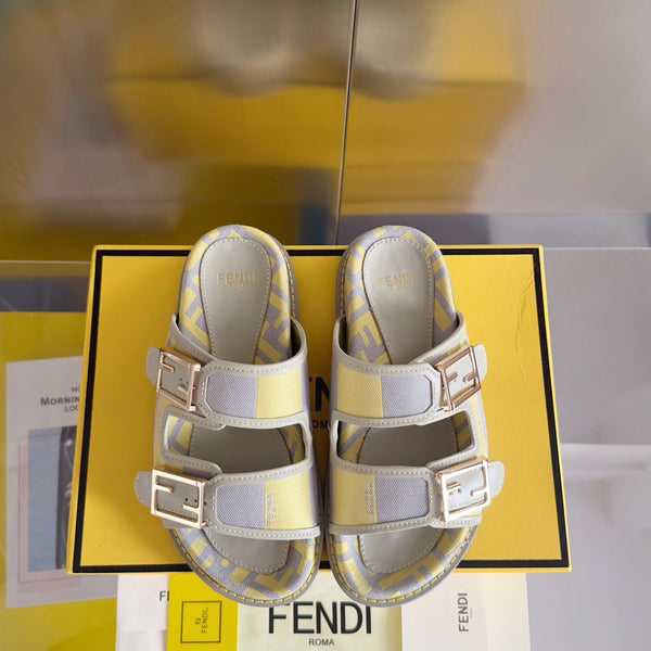 FENDI DAD SANDAL IN YELLOW MIX LIGHT PURPLE CANVAS WITH GOLD HARDWARE