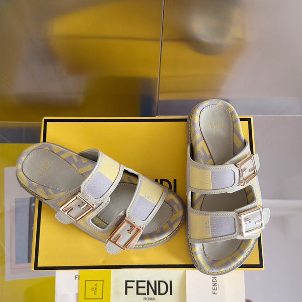 FENDI DAD SANDAL IN YELLOW MIX LIGHT PURPLE CANVAS WITH GOLD HARDWARE