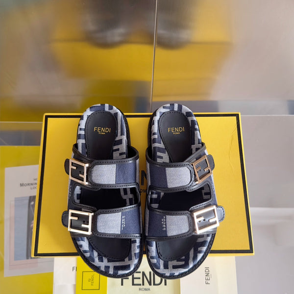 FENDI DAD SANDAL IN NAVY BLUE MIX LIGHT GREY CANVAS WITH GOLD HARDWARE