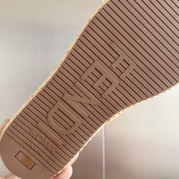 FENDI PLATFORM WEDGES IN BEIGE RAFFIA WITH BROWN EMBROIDERED LOGO