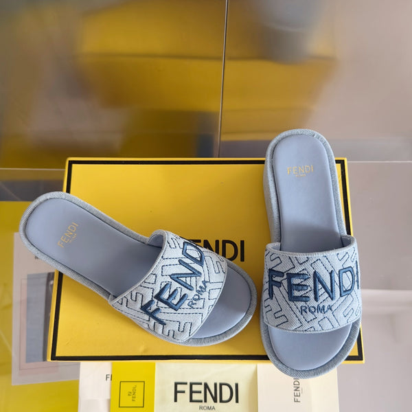 FENDI PLATFORM WEDGES IN PIGEON BLUE JACQUARD FABRIC WITH EMBROIDERED LOGO