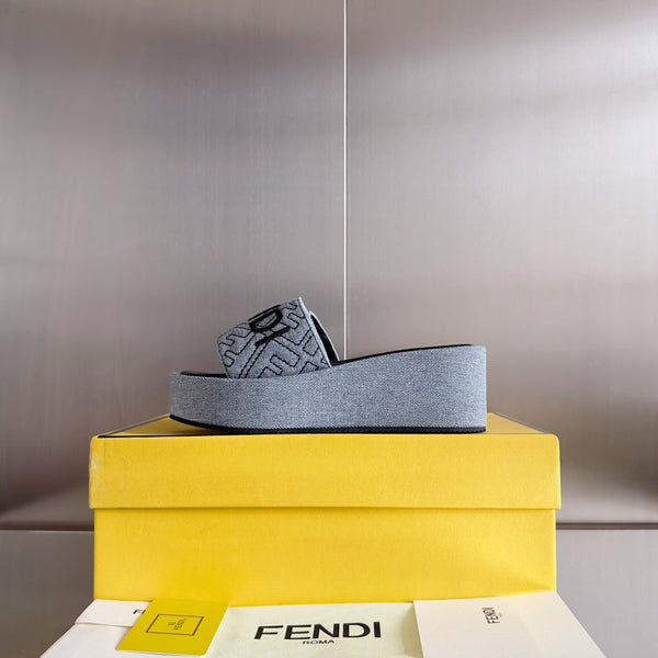FENDI PLATFORM WEDGES IN GREY MONOGRAM JACQUARD WITH BLACK EMBROIDERED LOGO