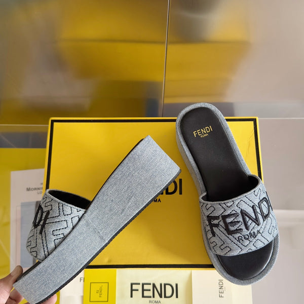 FENDI PLATFORM WEDGES IN GREY MONOGRAM JACQUARD WITH BLACK EMBROIDERED LOGO