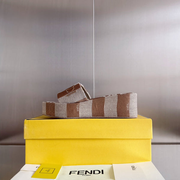 FENDI PLATFORM WEDGES IN ASH BROWN MIX WHITE FF MONOGRAM FABRIC
