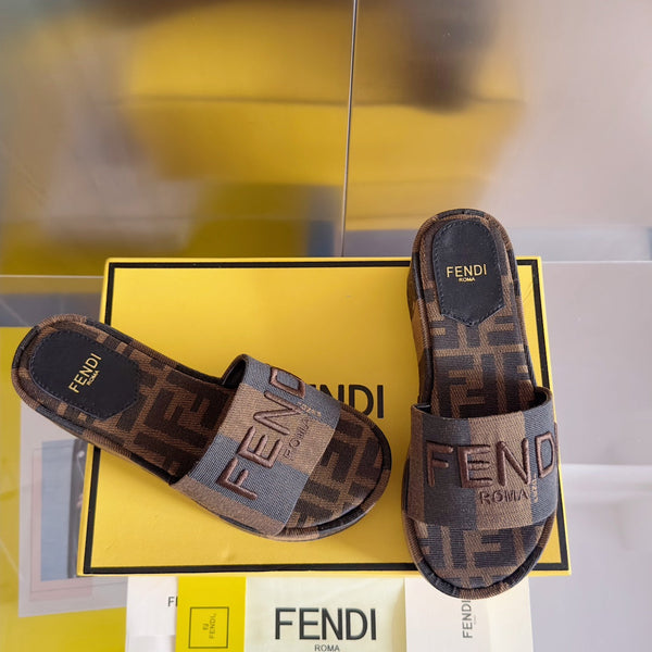 Ciabatte flatform in tela marrone nero FF Sunshine 65