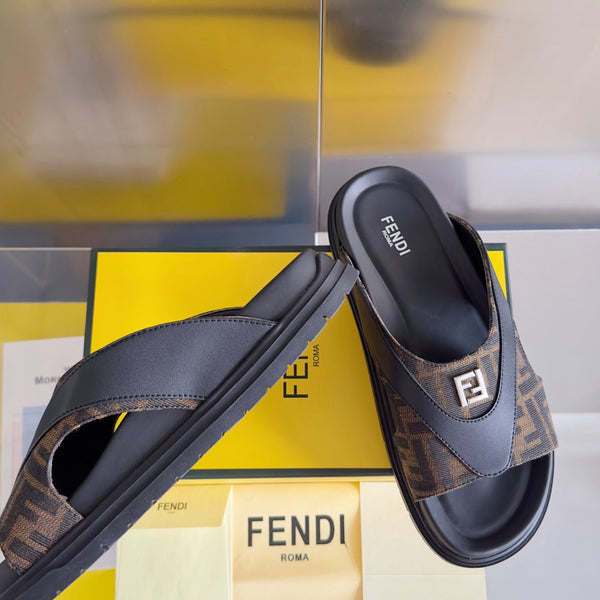 FENDI DIAGONAL ONE-STRAP SLIDE IN BLACK MIX BROWN MONOGRAM CALFSKIN