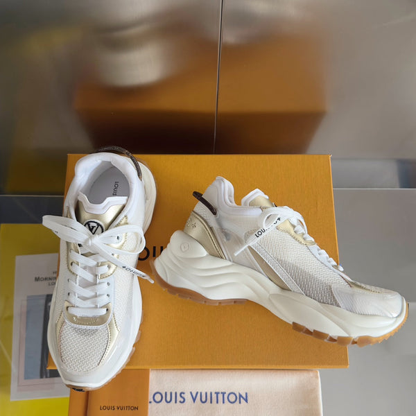 Sneaker LV Run 55 da 55 mm in tessuto a rete di poliestere bianco misto oro