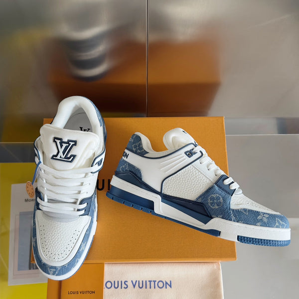LV Trainer Sneaker 30mm White Mix Light Blue Cowhide
