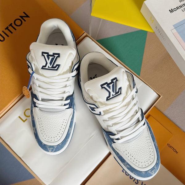 LV Trainer Sneaker 30mm White Mix Light Blue Cowhide