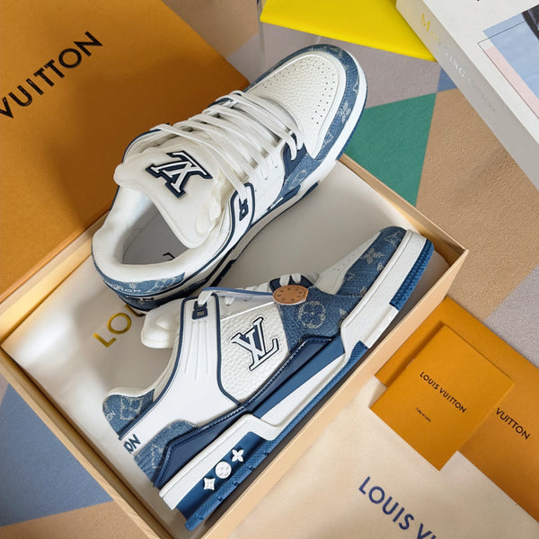LV Trainer Sneaker 30mm White Mix Light Blue Cowhide