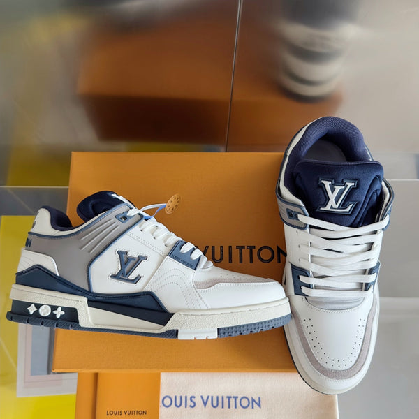 LV Trainer Sneaker 30mm Bianco Mix Blu Carbone Pelle di Vacchetta