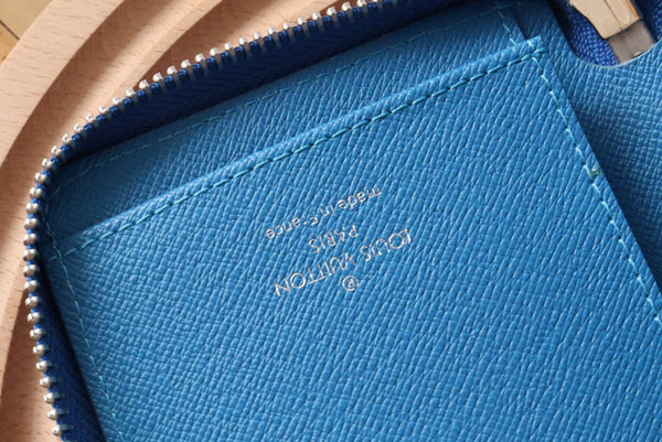 LV Zippy Vertical Wallet Blue Monogram Canvas & Taïga Leather 180068