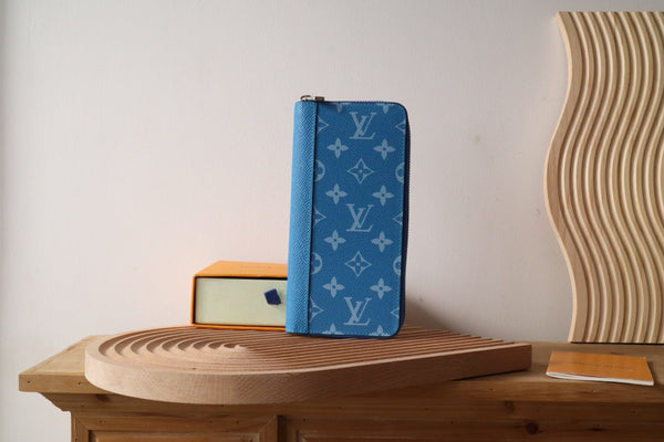 LV Zippy Vertical Wallet Blue Monogram Canvas & Taïga Leather 180068