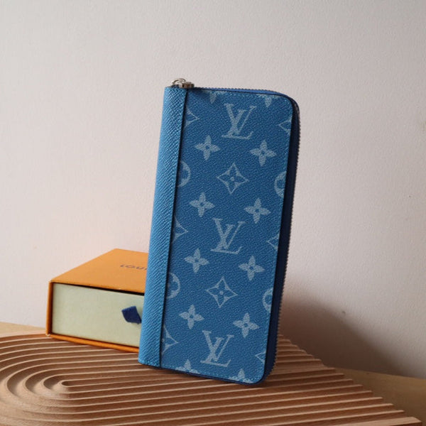 LV Zippy Vertical Wallet Blue Monogram Canvas & Taïga Leather 180068