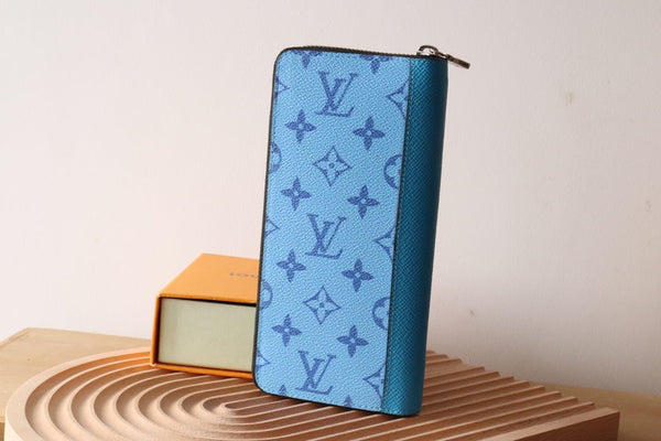 LV Zippy Vertical Wallet Light Blue Monogram Canvas & Taïga Leather 180051