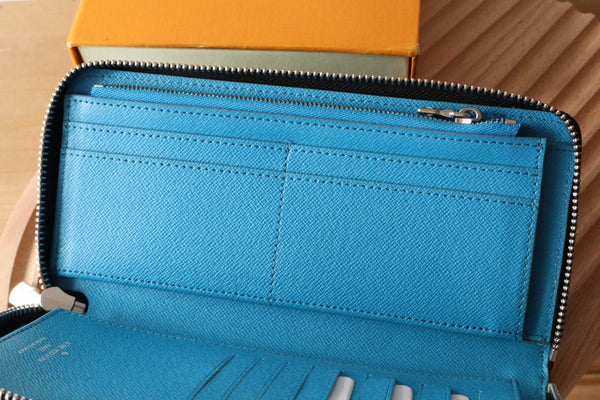 LV Zippy Vertical Wallet Light Blue Monogram Canvas & Taïga Leather 180051