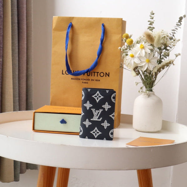 LV Pocket Organizer Wallet Grey Navy Blue Monogram Cowhide 248064