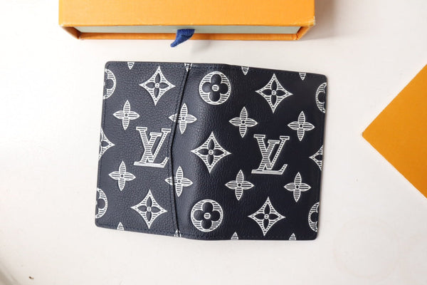LV Pocket Organizer Wallet Grey Navy Blue Monogram Cowhide 248064