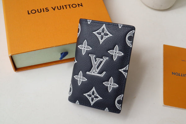 LV Pocket Organizer Wallet Grey Navy Blue Monogram Cowhide 248064