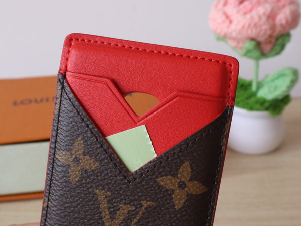 LV Porte-Cartes Magnet Brown Red Monogram Canvas & Cowhide