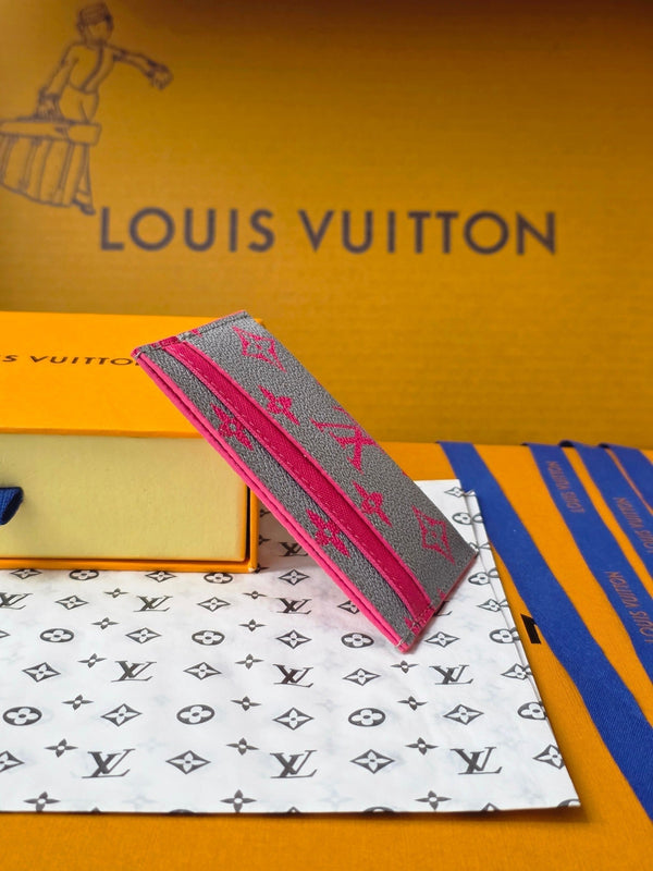 LV M14771 Double Card Holder Pink Gray Monogram Glow Canvas & Cowhide