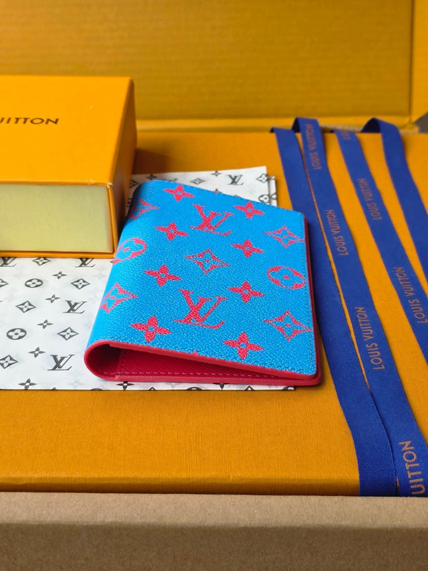LV M14770 Passport Cover Blue Red Monogram Glow Canvas & Cowhide