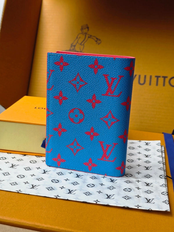 LV M14770 Passport Cover Blue Red Monogram Glow Canvas & Cowhide