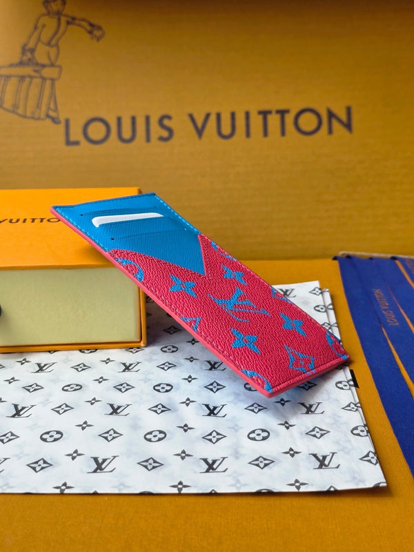 LV M14762 Coin Card Holder Blue Red Monogram Glow Canvas & Cowhide