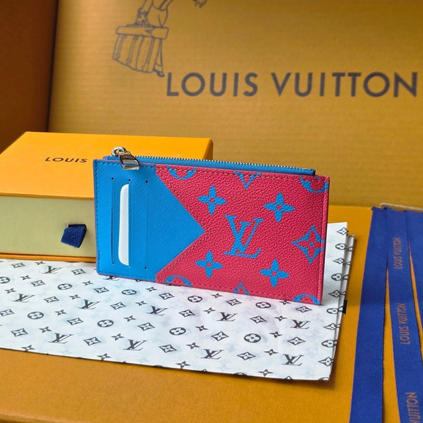 LV M14762 Coin Card Holder Blue Red Monogram Glow Canvas & Cowhide