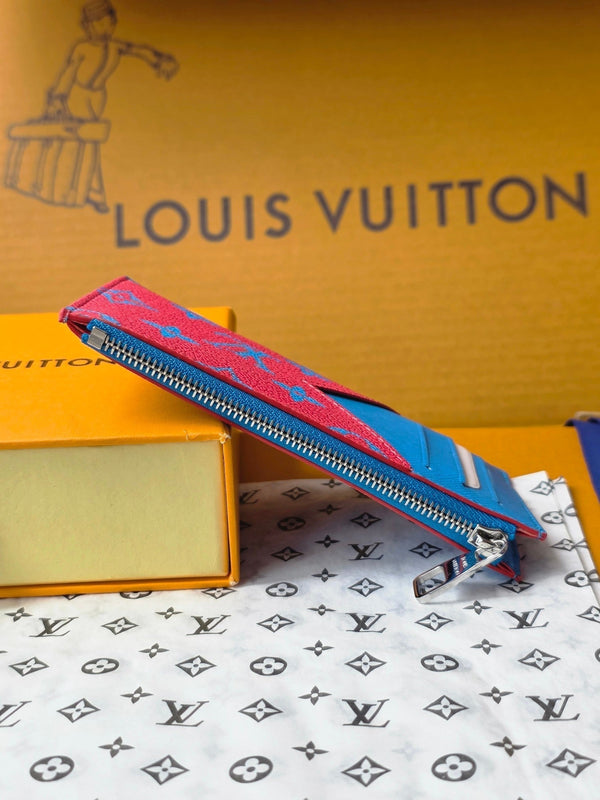 LV M14762 Coin Card Holder Blue Red Monogram Glow Canvas & Cowhide