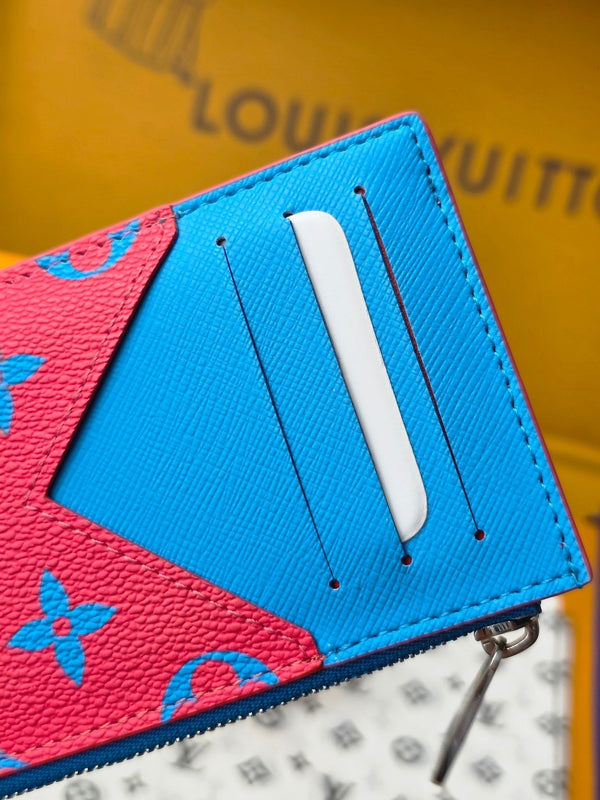 LV M14762 Coin Card Holder Blue Red Monogram Glow Canvas & Cowhide