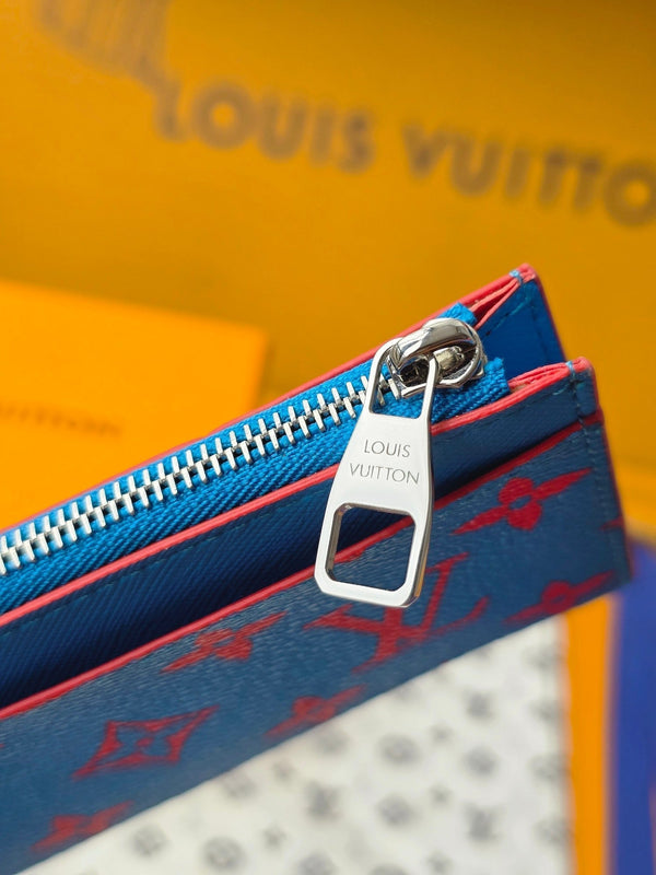 LV M14762 Coin Card Holder Blue Red Monogram Glow Canvas & Cowhide