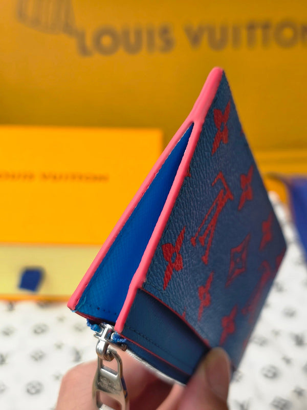 LV M14762 Coin Card Holder Blue Red Monogram Glow Canvas & Cowhide
