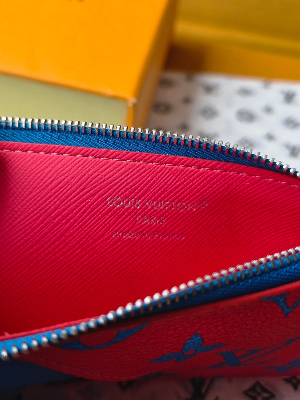 LV M14762 Coin Card Holder Blue Red Monogram Glow Canvas & Cowhide