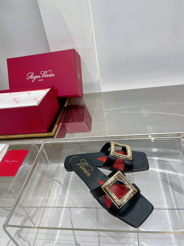 Viv Simple Slides Black Cowhide 295939