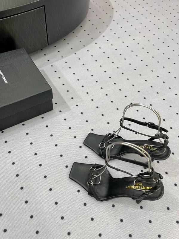 SL ANKLE-BUCKLE HEELED SANDALS BLACK CALFSKIN