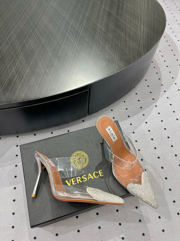 ALAIA Le Coeur Mules White With Rhinestones Lambskin 954821