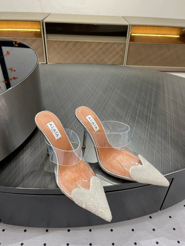 ALAIA Le Coeur Mules White With Rhinestones Lambskin 954821