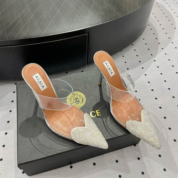 ALAIA Le Coeur Mules White With Rhinestones Lambskin 954821