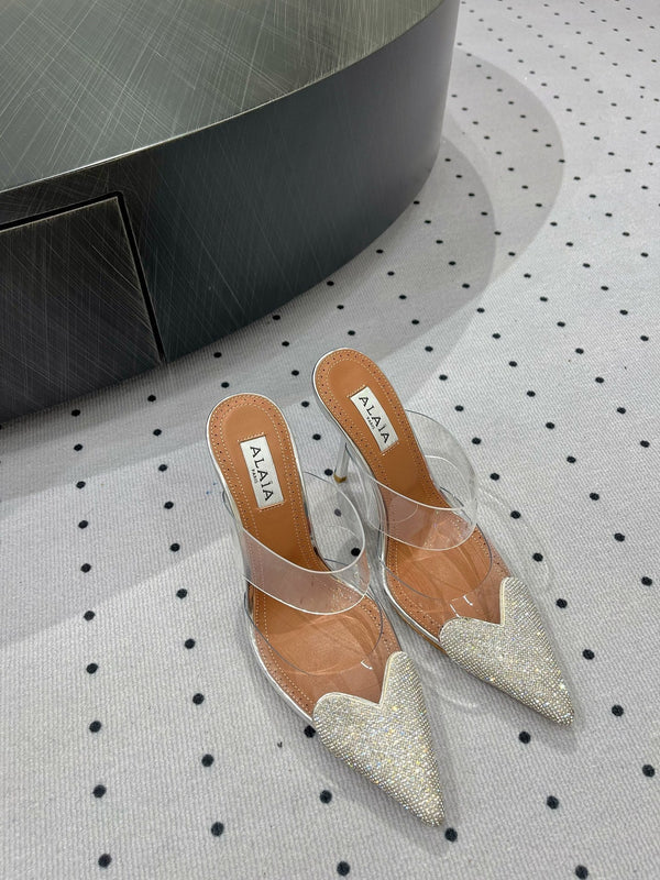 ALAIA Le Coeur Mules White With Rhinestones Lambskin 954821