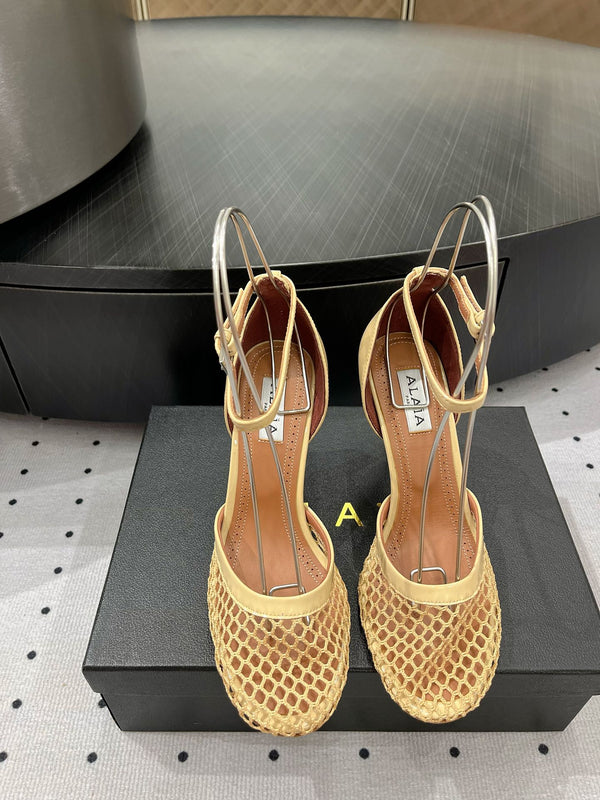 Alaila High Fishnet Pumps 90mm In Light Yellow Mesh Fabric 954852