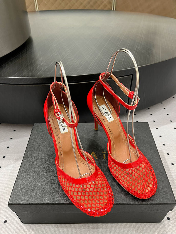 Alaila High Fishnet Pumps 90mm In Red Mesh Fabric 954854